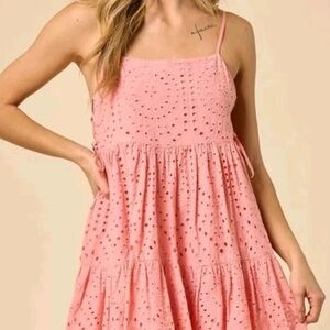 Wisteria Lane Ava Eyelet Mini Dress Coral Pink Small
